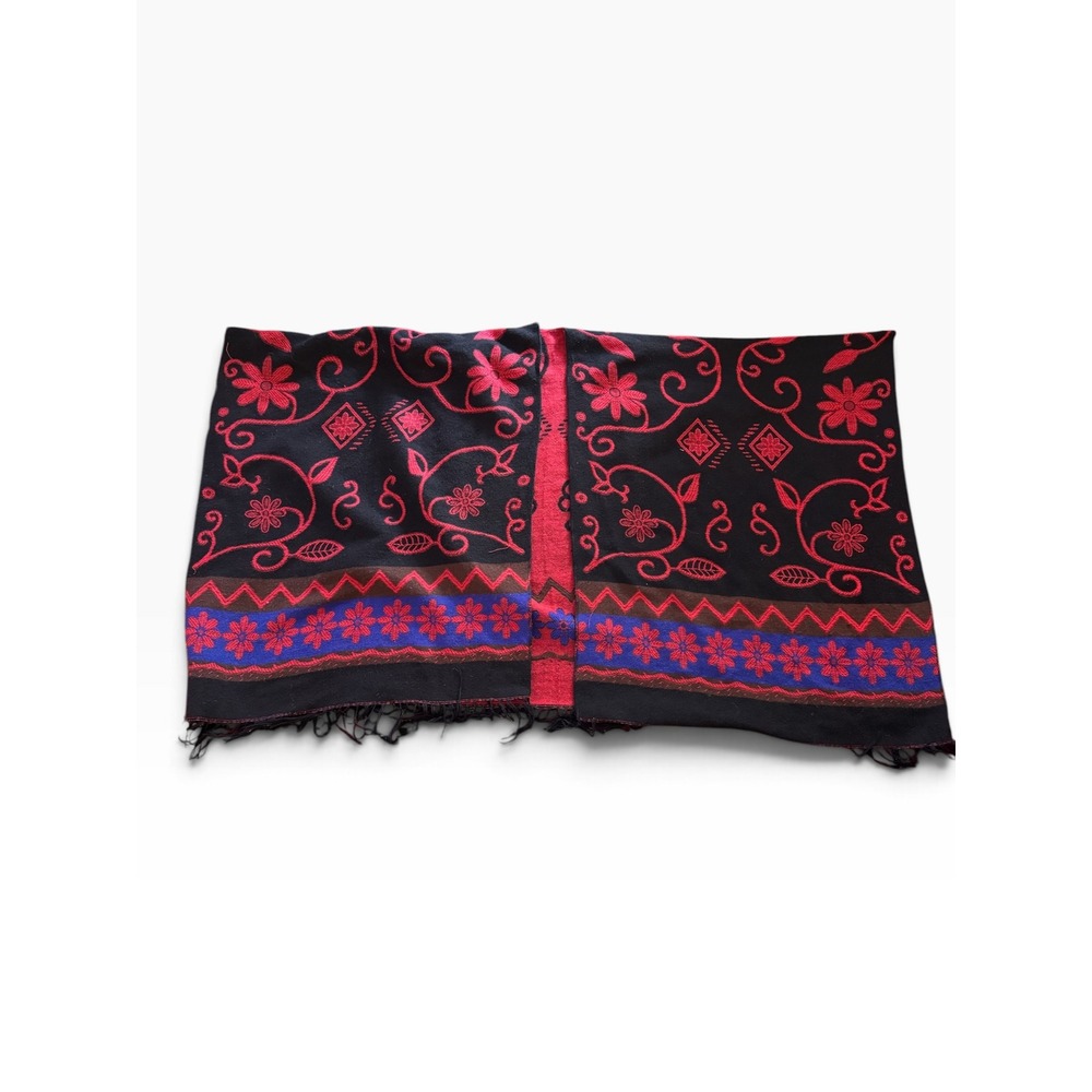 Mia Reis Women Black Red Floral Embroidered Fringe Wrap Shawl Scarf One Size